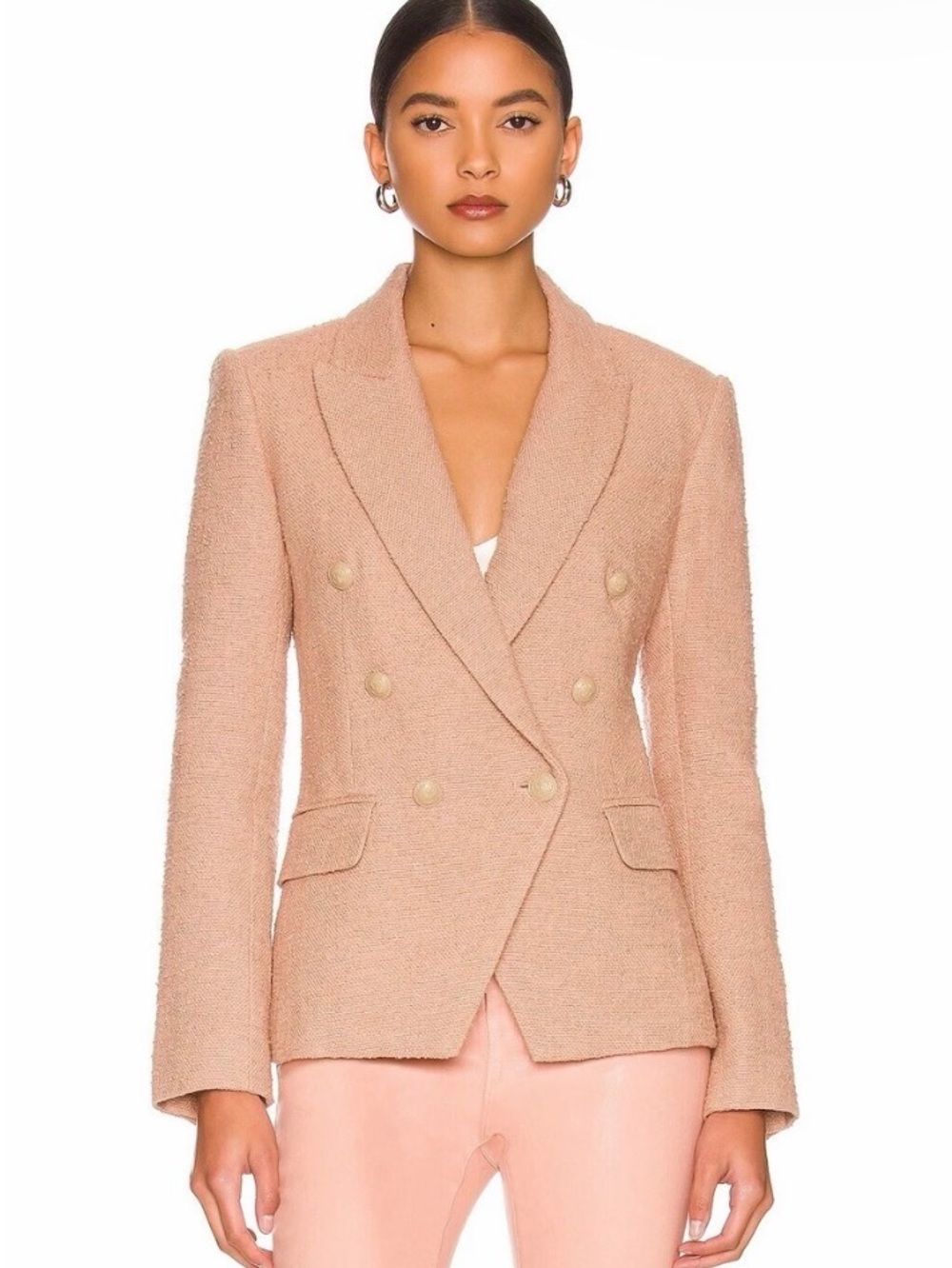 L'AGENCE Double-Breasted Bouclé Blazer Jacket - Light Mocha